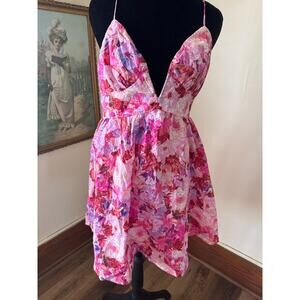 NWT Angel Biba Floral Mini Dress Fit Flare Crisscross Back Pink Size L